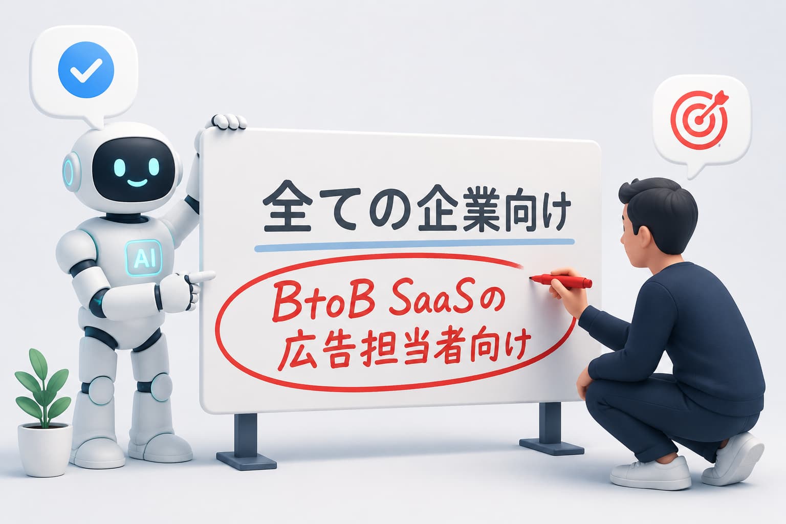 AIの汎用ターゲット表現を、人間が具体的に絞り込んで書き換えている様子